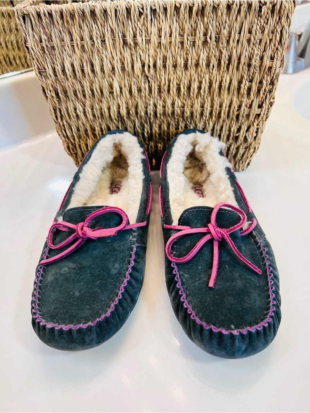 UGG Dark Teal Moccasin Slippers with Pink Trim